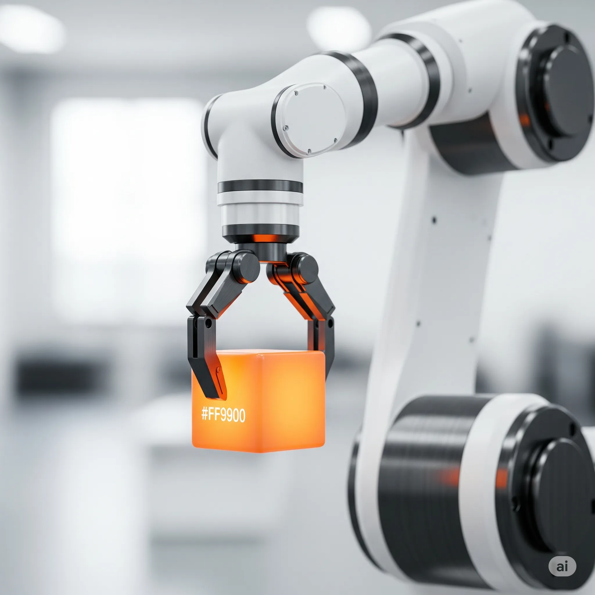 Industrieroboter hält ein orangefarbenes Objekt mit der Aufschrift #FF9900