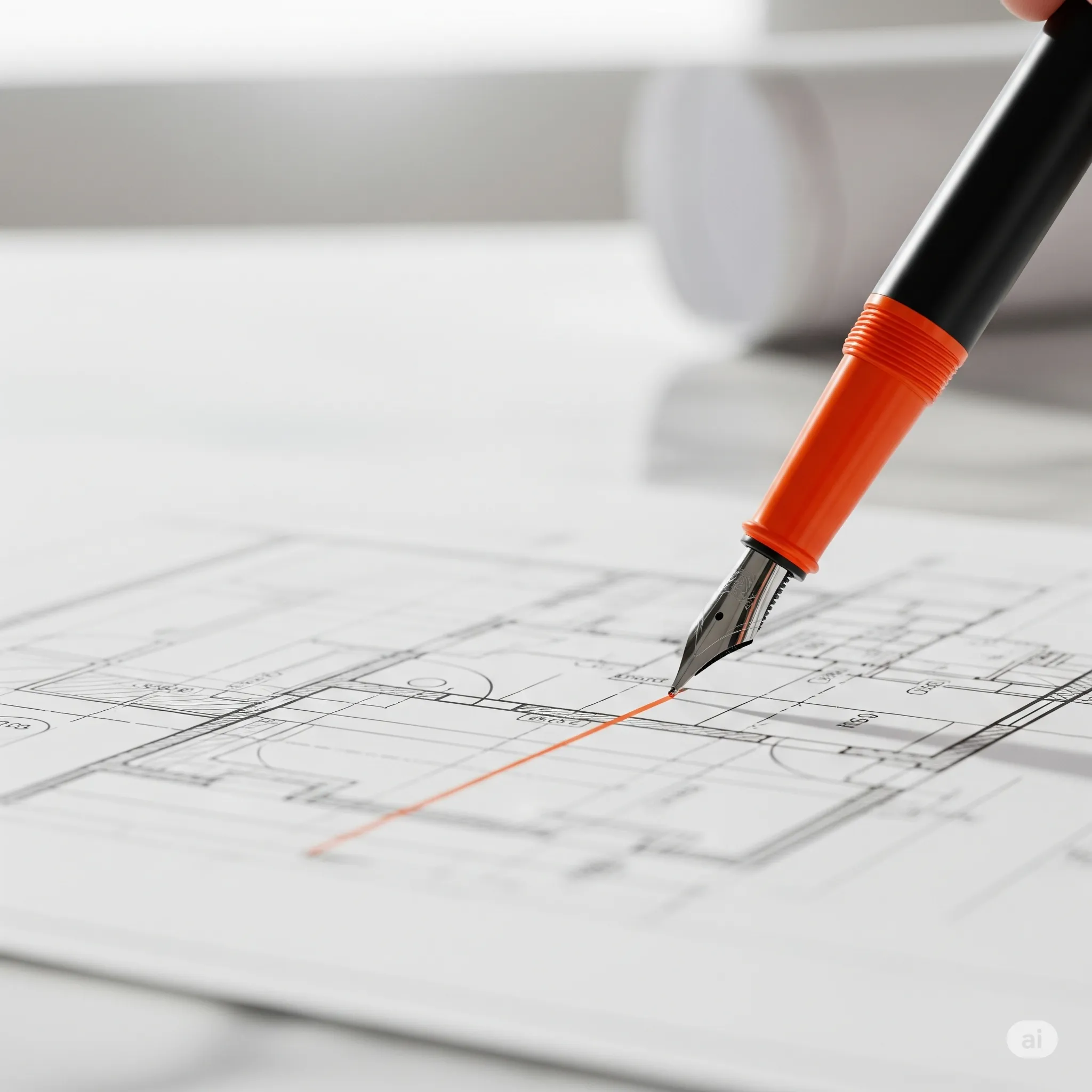 Bauplan mit einem schwarzen und einem orangefarbenen Stift